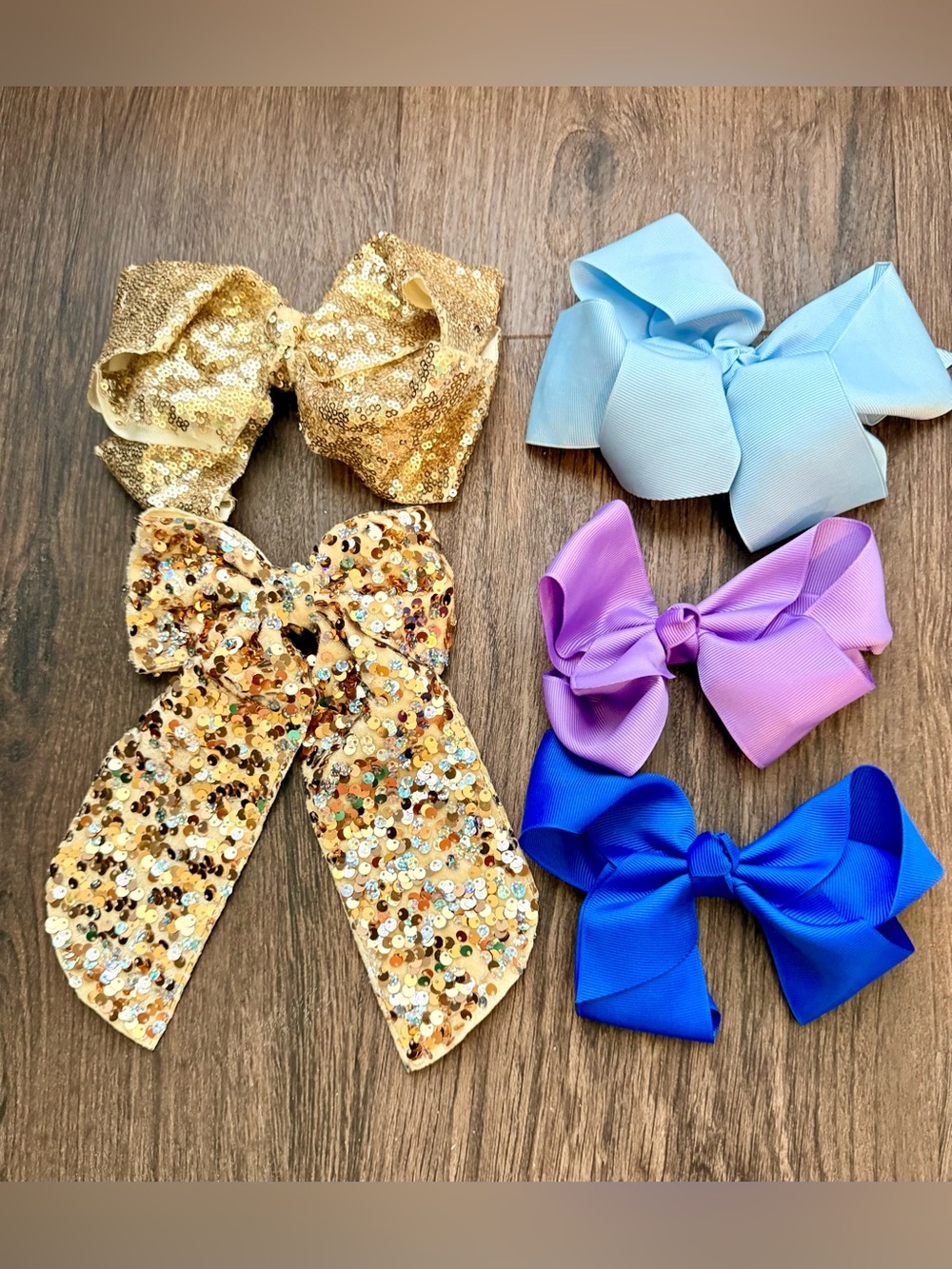Girls Hair Bow Bundle – Gold Sequin, Glitter, Blue & Purple – 5 Bows